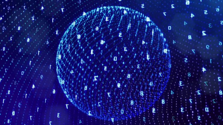 3d loop background, concept of digital data processing, calculation and visualization of computation. Counters of numbers in rows of lines on spheres. Blue digital information bg with numbers. Sci-fi bg.