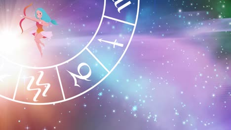 Animation-of-sagittarius-star-sign-with-horoscope-wheel-spinning-over-stars-on-purple-background