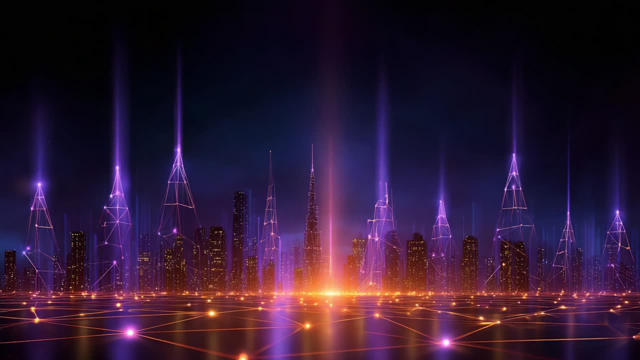 A captivating display of radiant towers illuminated by vibrant light ...
