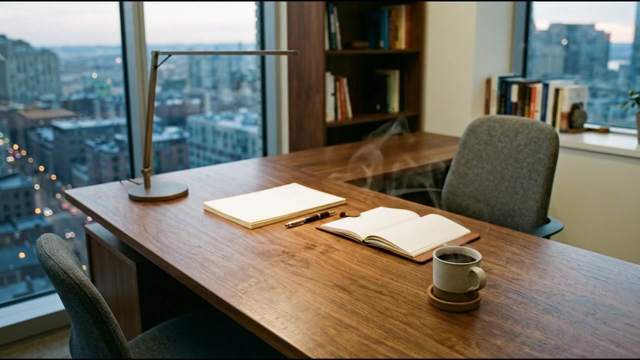 Cozy executive wooden desk office interior with lamp and chair