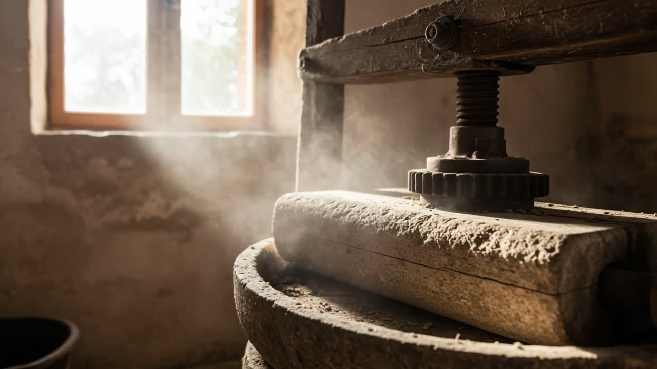 An Antique Press in a Dusty Room: Captivating Light Beams Reflect Off the Weathered Wood and Surrounding Dust in a Vintage Workshop Environment