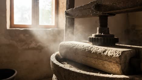 an antique press in a dusty room: captivating light beams reflect off the weathered wood and surrounding dust in a vintage workshop environment