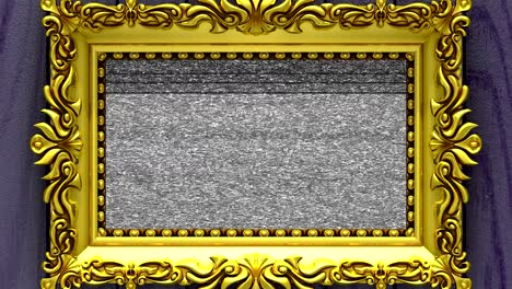 la cámara hace zoom en el marco de la imagen de oro sobre un fondo de madera púrpura. el ruido de la televisión y la tecla de croma verde se reproducen en la pantalla. animación 3d.