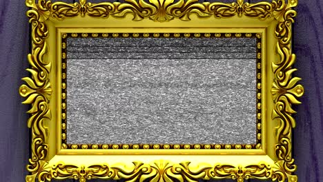 camera zoom into the gold picture frame on background of purple wood. tv noise and green chroma key plays on the screen. 3d animation.