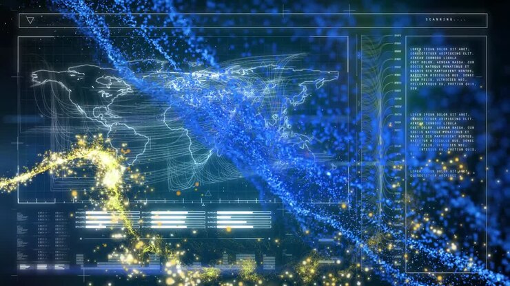 Animation of shooting stars over world map and data processing