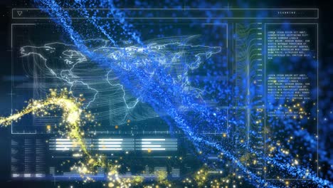 animation of shooting stars over world map and data processing