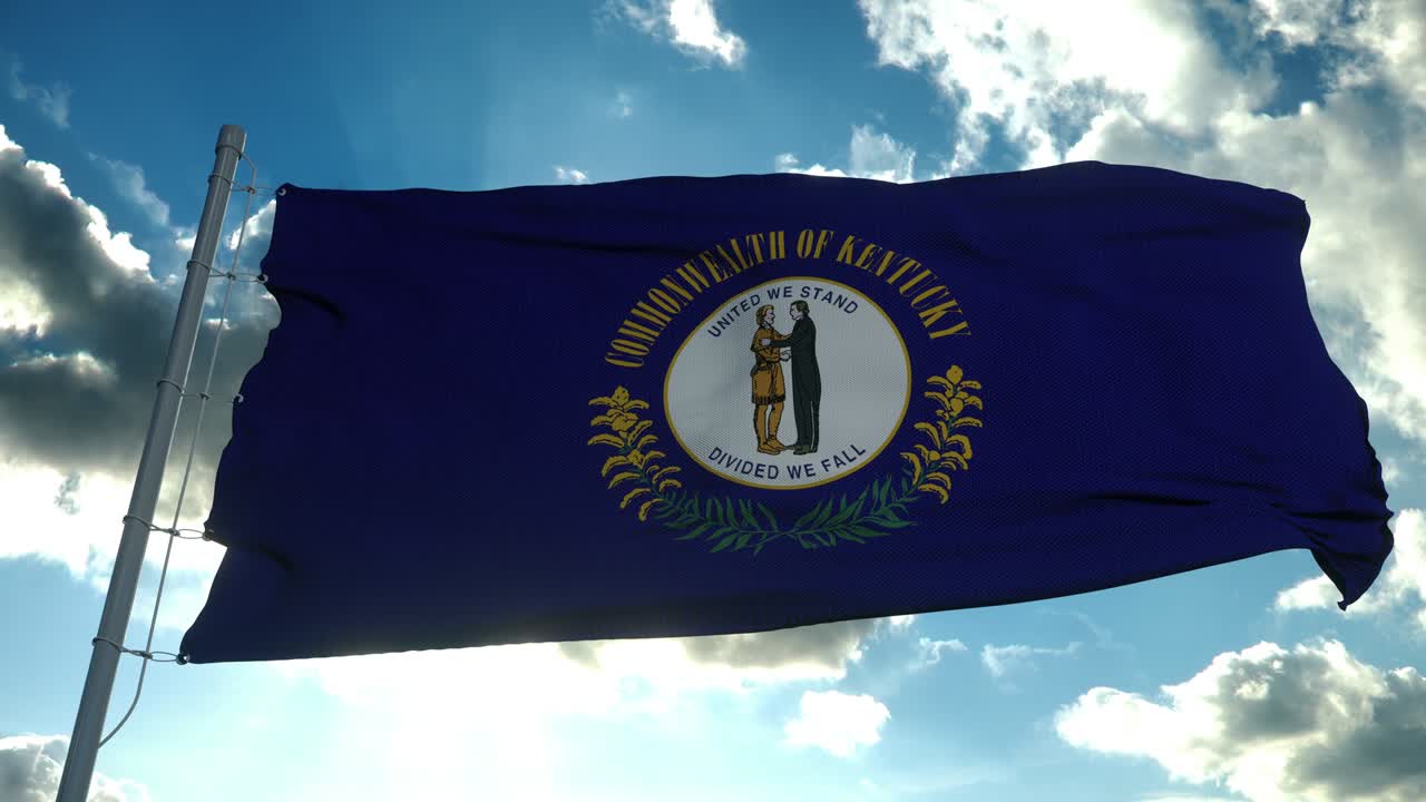 Bandera de Kentucky en un mástil ondeando al viento, fondo de cielo azul. 4K