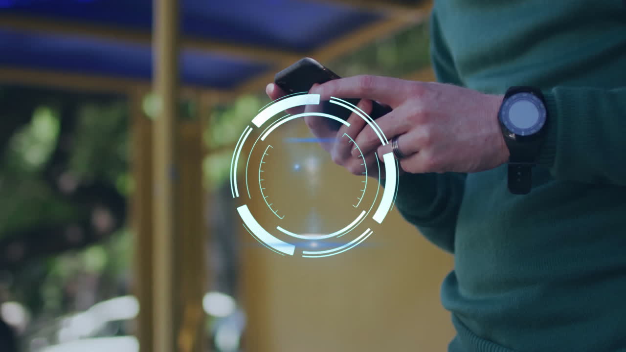 Using smartphone with animation overlay, person standing outdoors in park