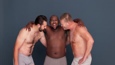 men, body positivity and happy hug with diversity