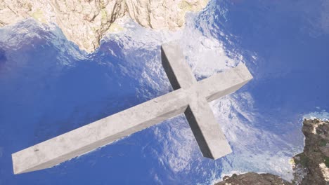 a large stone cross lying on the sea between large steep cliffs, and seagulls flying above it, 3d animation with camera dolly upward