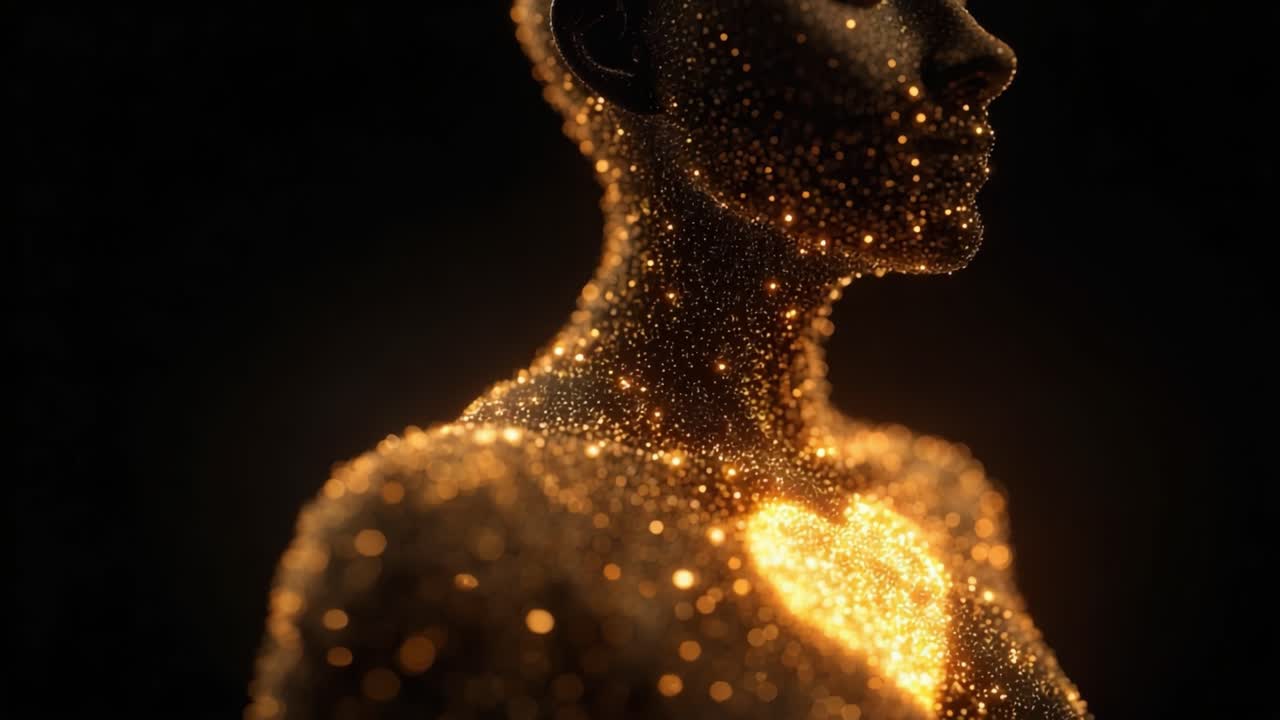 Una figura scintillante illuminata dall'interno: esplorando l'essenza scintillante di una forma umana impreziosita da un cuore di luce.