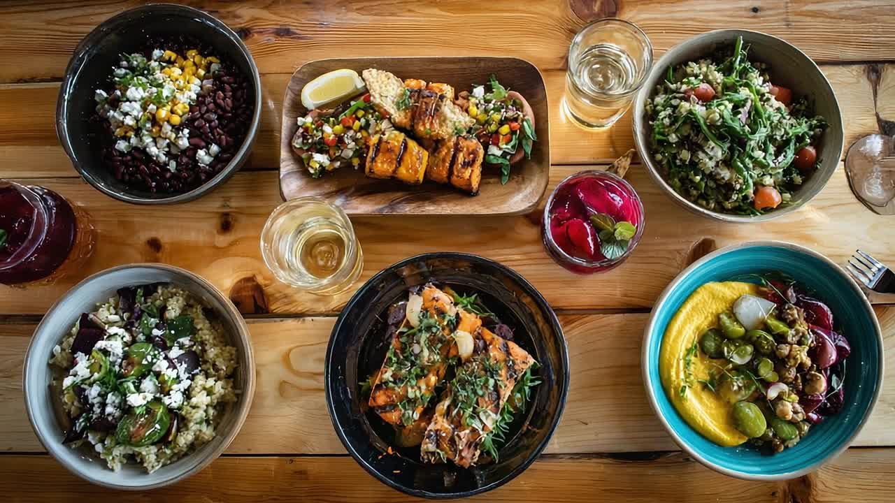 Colorful spread of fresh food on wooden table highlights diverse flavors