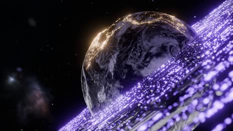earth showing south america with purple digital particles in outer space. include brazil, argentina, colombia. 3d rendering with night lights and energy wave. futuristic technology global connection