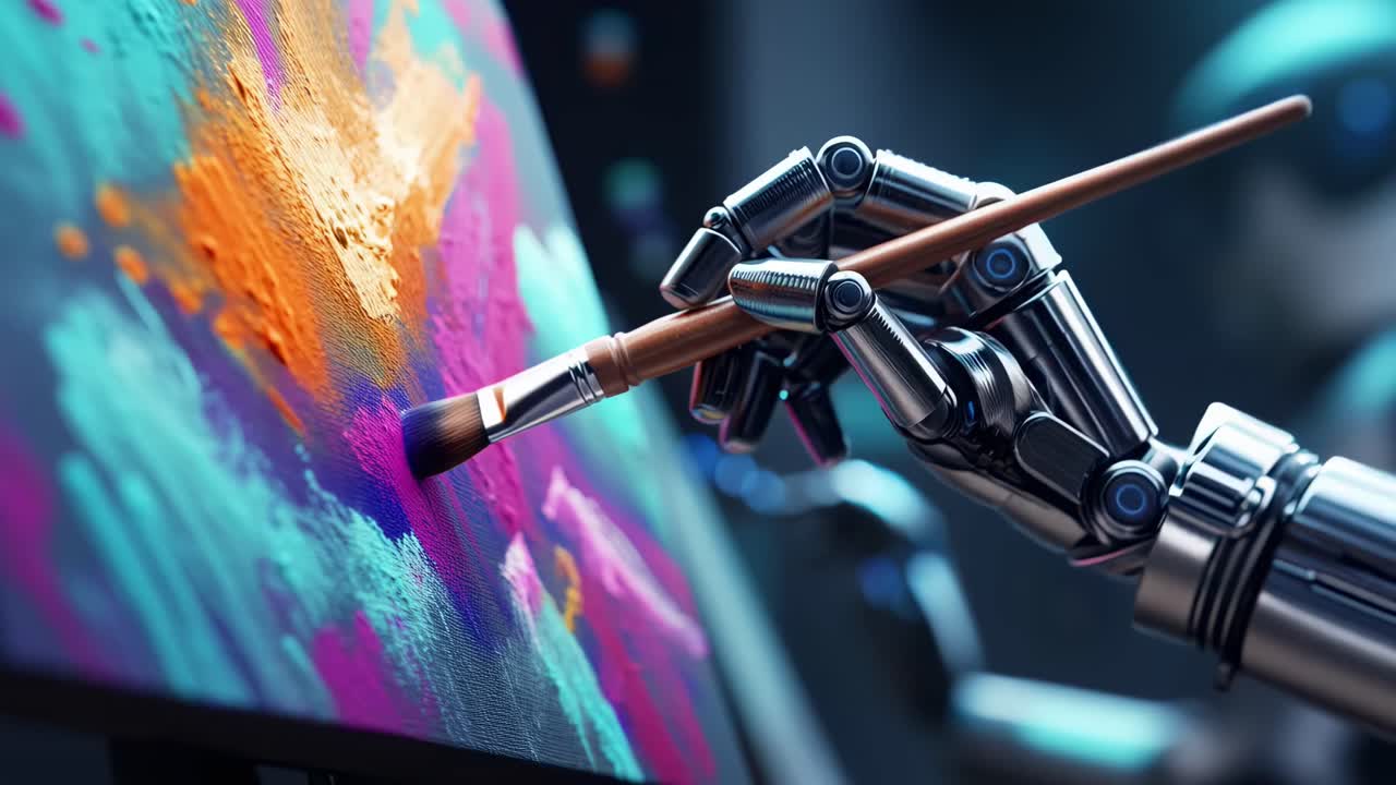 Nahaufnahme einer Roboterhand, die eine Leinwand bemalt, lebendige Farben, futuristisches Kunstvideo-Konzept