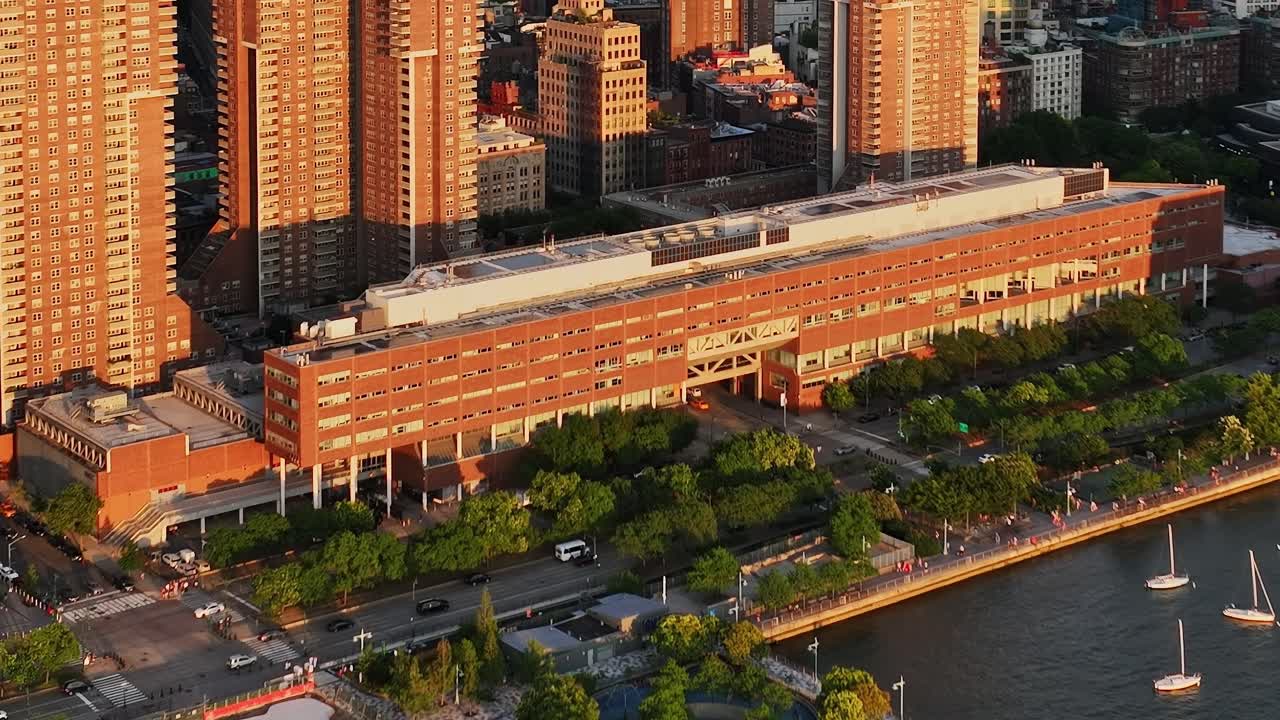 Stunning aerial view of New York City waterfront during sunset