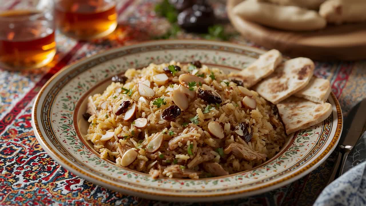 Cámara acercándose, tazón de cerámica con arroz pilaf que revela reflejos de almendras, hierbas, pita y té