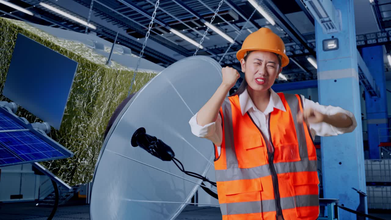 흥분한 엔지니어가 위성 공장에서 축하하고 있습니다.