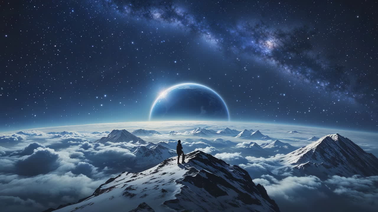 Lone Figure on Snowy Mountain Peak Gazing at a Majestic Planet and Starry Galaxy