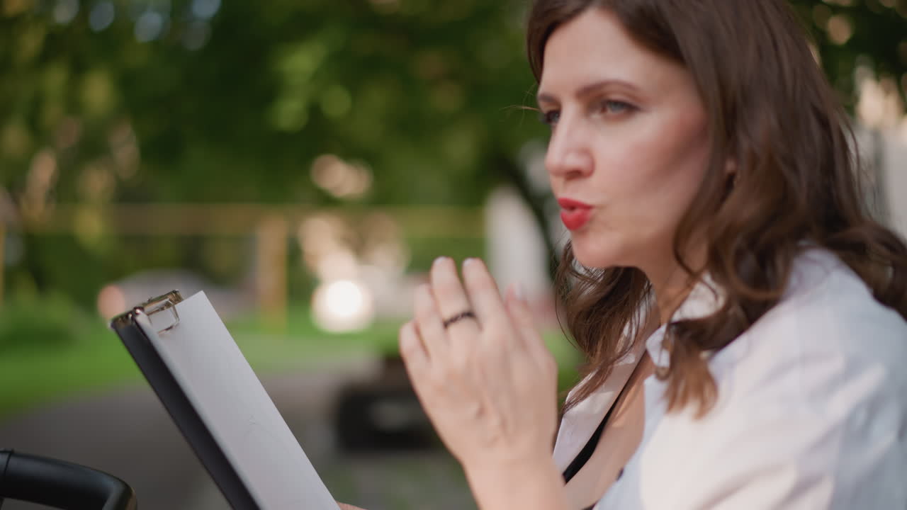 Donna che compila un modulo al parco, con camicetta bianca e rossetto rosso, portadocumenti e matita tra le mani, espressione pensierosa, luce solare attraverso gli alberi, un momento amministrativo all'aperto, pianificazione della genitorialità.