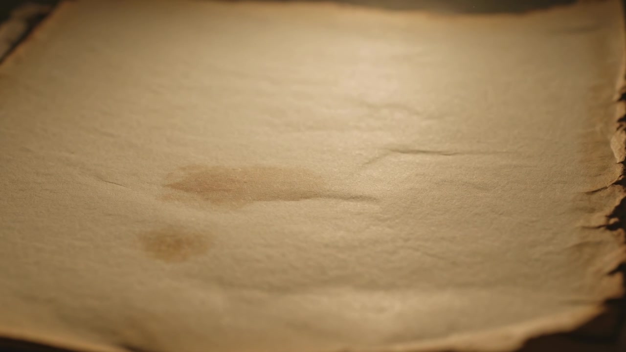 Lampada calda che sposta la luce, un foglio di carta invecchiato che si scurisce e mostra segni di umidità su una panca, rivelando l'età.