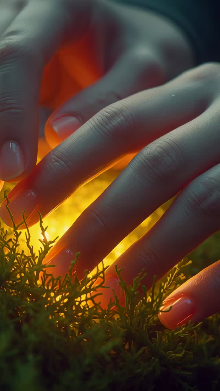 Vertical video: Hovering hand causing orb brightening, touching moss then lifting at moss bed