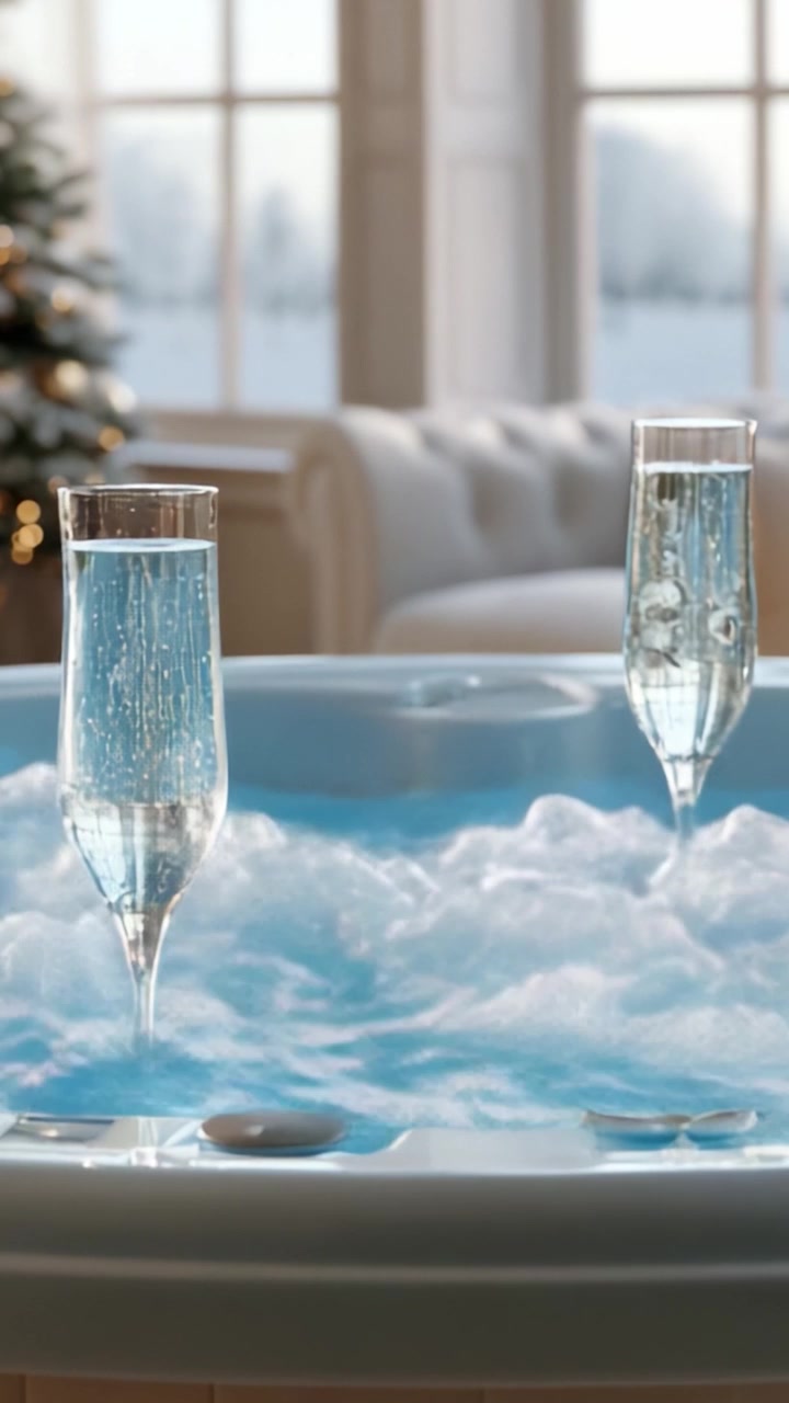 Esperienza spa rilassante: una vasca da bagno accogliente con bolle scintillanti e bicchieri di champagne in un sereno ambiente invernale.