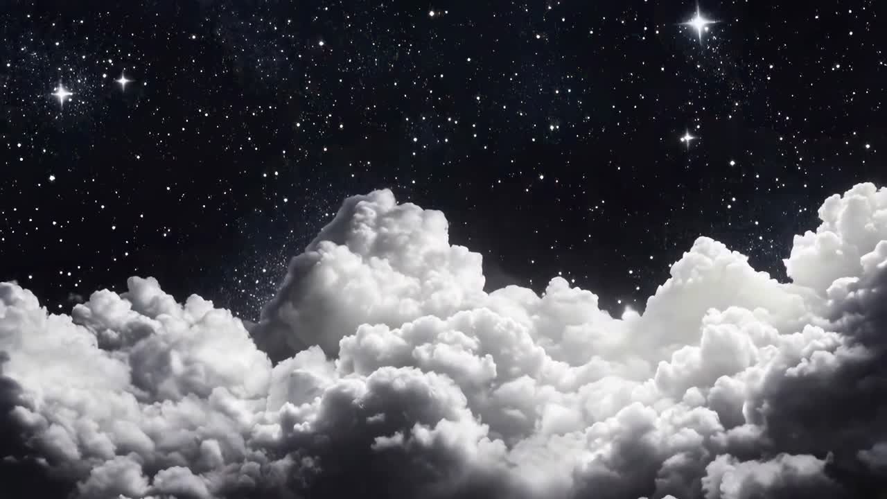 Aerial view of fluffy clouds against a starry night sky, creating a serene and dreamy atmosphere