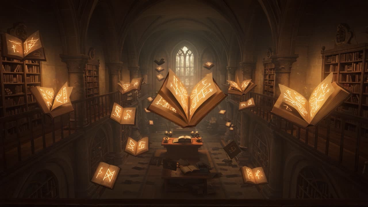 A Mysterious Library Filled with Enchanted Books: An Ethereal Scene of Floating Tomes and an Illuminated Atmosphere Captivating the Imagination