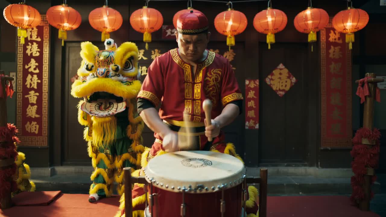 Empunhando os malhos, percussionista com vestes vermelho-douradas conduzindo o ritmo da bateria nas portas da frente para a dança do leão
