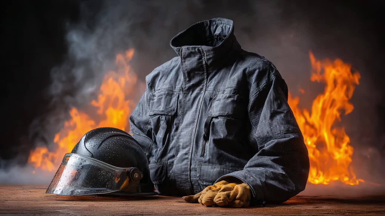 En dramatisk fremvisning af brandmandsudstyr omgivet af flammer, der indfanger essensen af mod og parathed i mødet med fare og varme