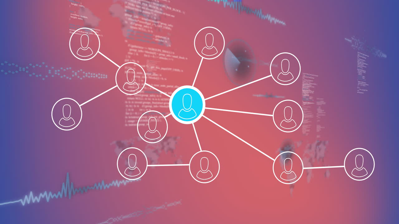 Animation of network profiles connected over digital data and world map background