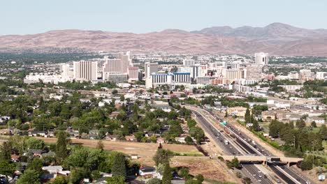 reno, nevada usa. drone shot of downtown cityscape skyline and interstate highway traffic