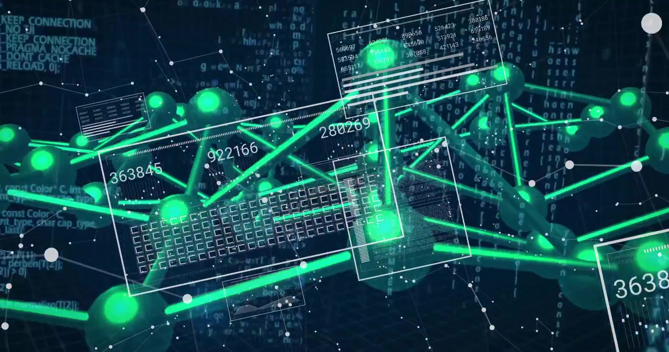 Quarter-turn initiating rotating green node mesh revealing linkages and updating numeric panels