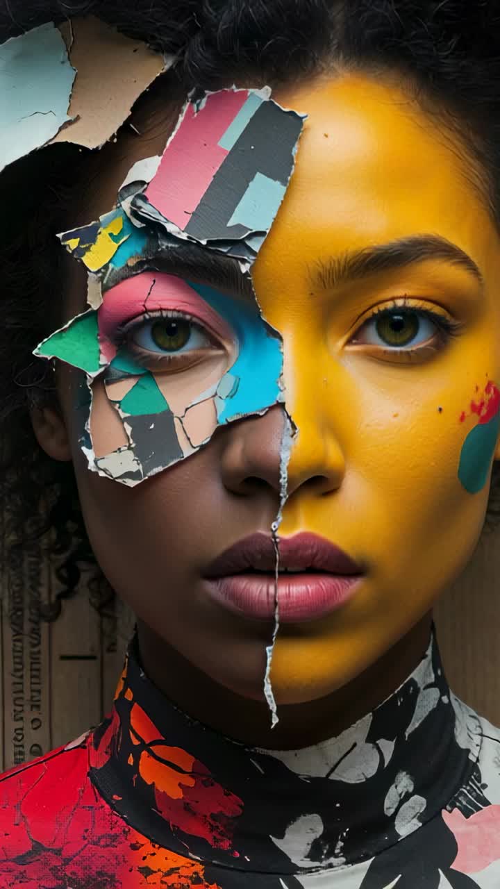 Vertical video: Opening macro camera pulling back revealing model with yellow paint and collage