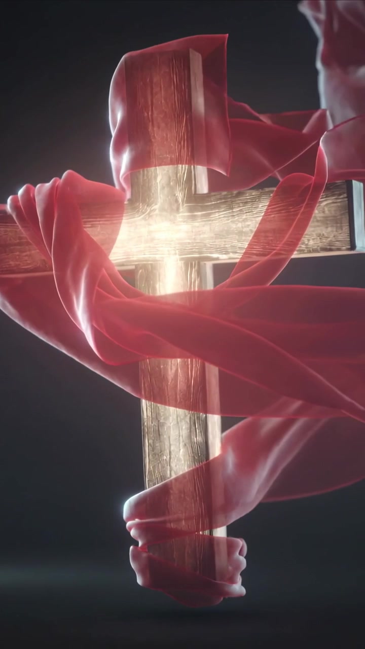 Vídeo vertical: Tecido vermelho fluindo da esquerda, envolvendo cruz de madeira em estúdio, com a luz revelando a madeira.
