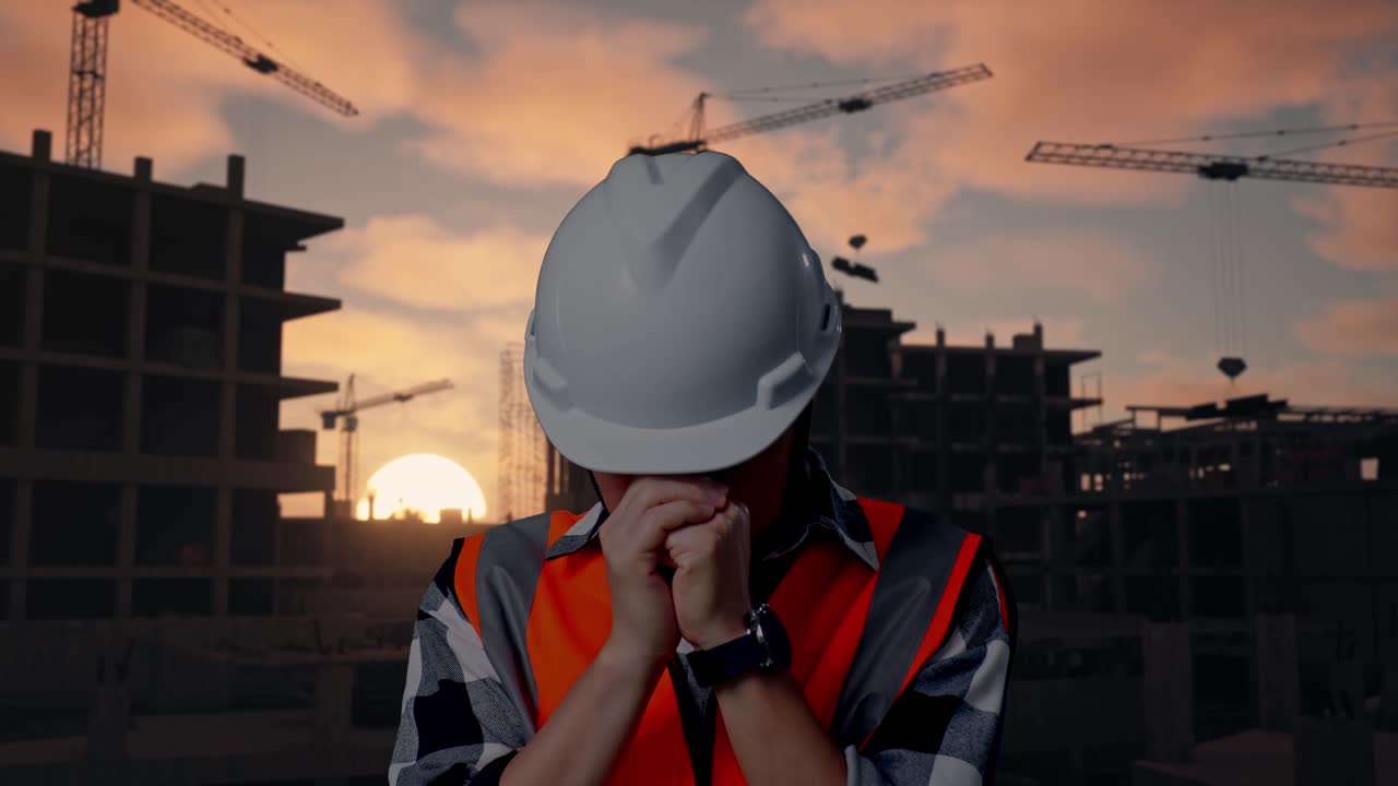 Close Up Of Asian Male Engineer With Safety Helmet Pray For Something While Standing At Building & Construction Site in Progress to New House