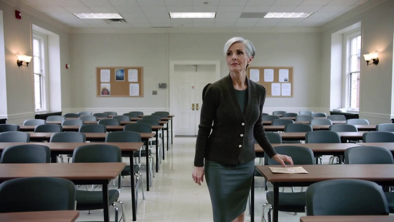 Donna in blazer che sistema una busta manila sulla scrivania, scansiona e cammina lungo il corridoio per la lezione.