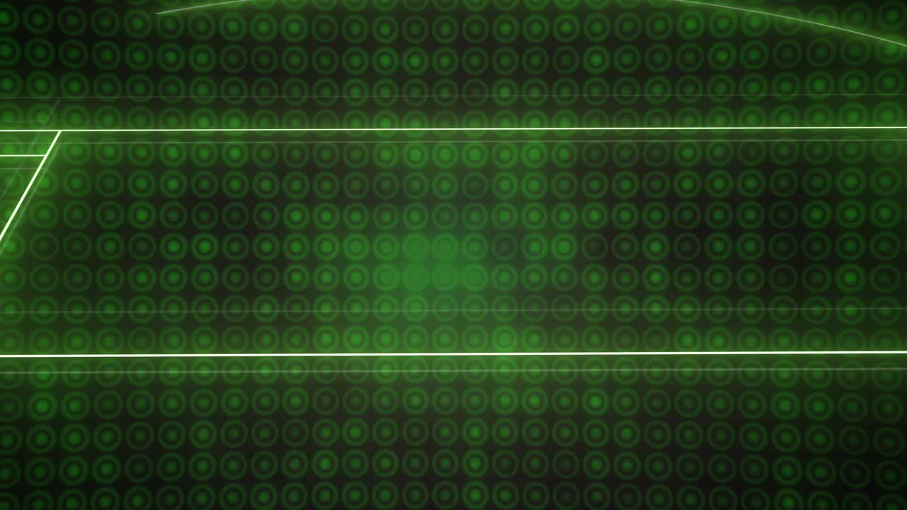 Animation of green neon sports stadium over circles in row on black background