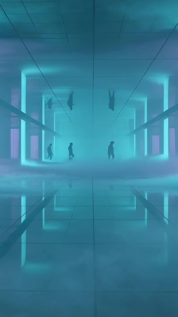 Vertical video: Walking first pair leading others in jackets, moving toward light on corridor floor