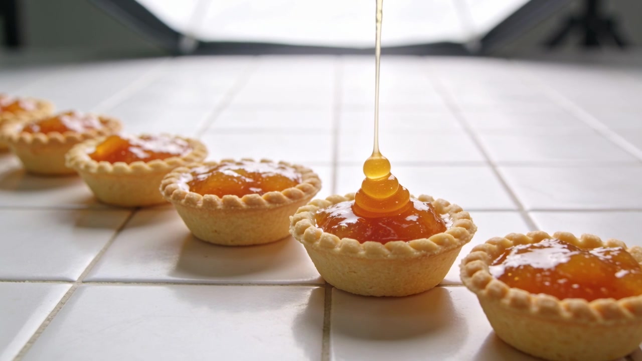 Pouring golden syrup onto central jam tart on tiled tabletop, softbox visible, forming syrup rings