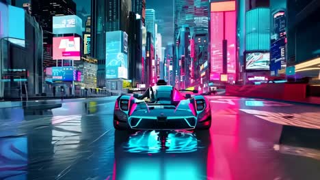 a futuristic car driving through a city at night