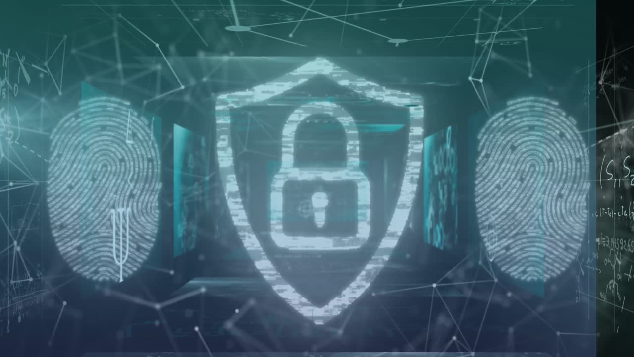 animación de un escudo digital con candado y huellas dactilares sobre conexiones y código binario
