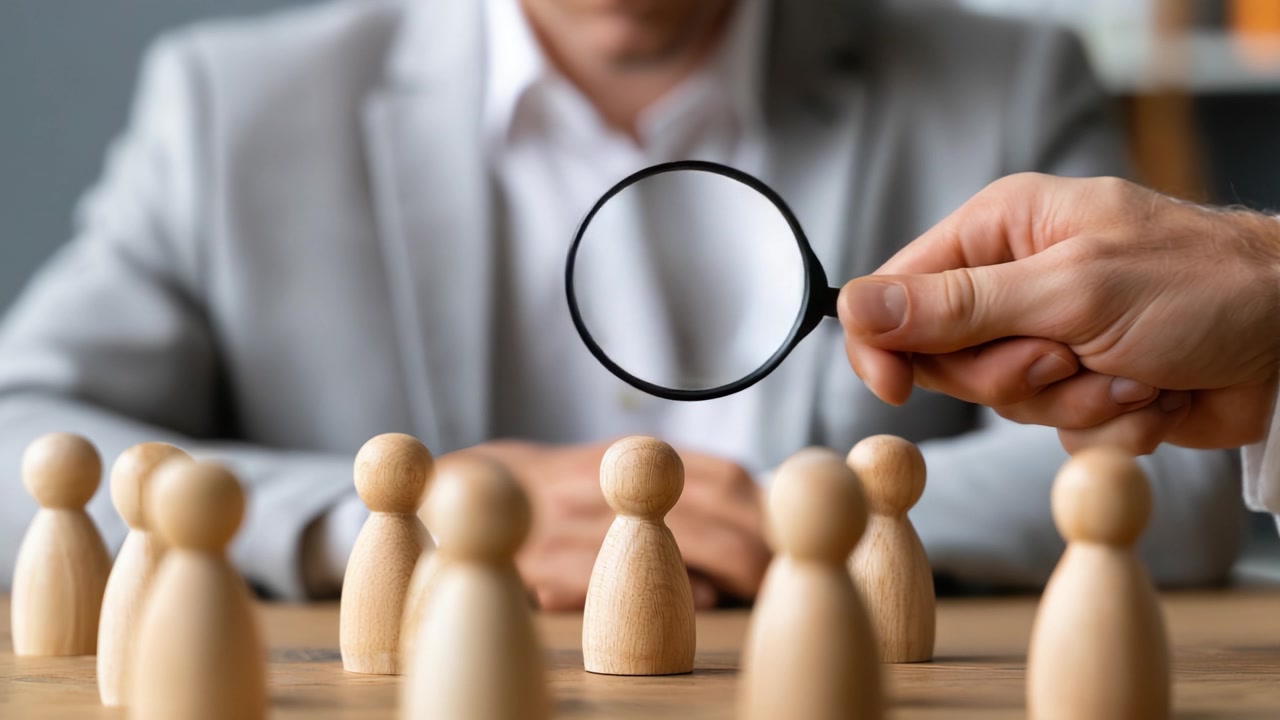 Exploring Details: A Focused Approach to Analyzing Wooden Figurines with a Magnifying Glass in a Professional Setting