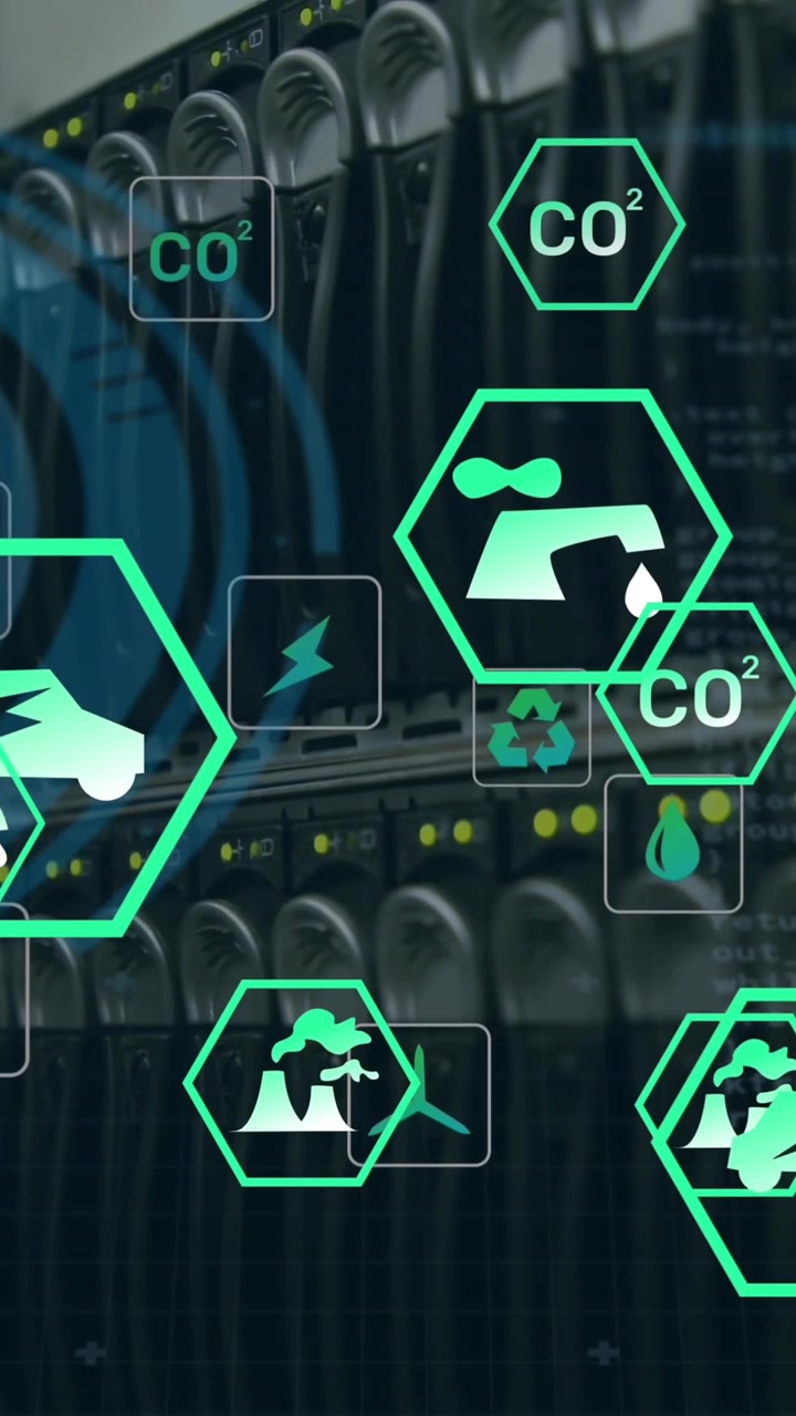 Animation of data processing and ecology icons over server room