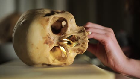 researcher woman using an endoscope camera to inspecting a human skull