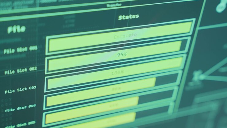 Close up on computer screen as files and data upload to remote server or ftp folder. Sending government secret information and surveillance data or breaching exposed secured archive by hacker group