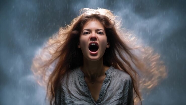 A Young Woman in Distress Yelling with Intense Emotion as Dark Smoke Swirls Around Her, Capturing a Dramatic Moment Filled with Raw Energy and Power