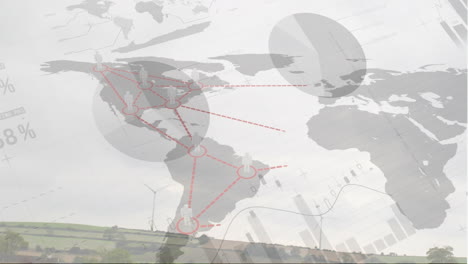 animación del procesamiento de datos estadísticos sobre el mapa del mundo contra el paisaje con molino de viento giratorio