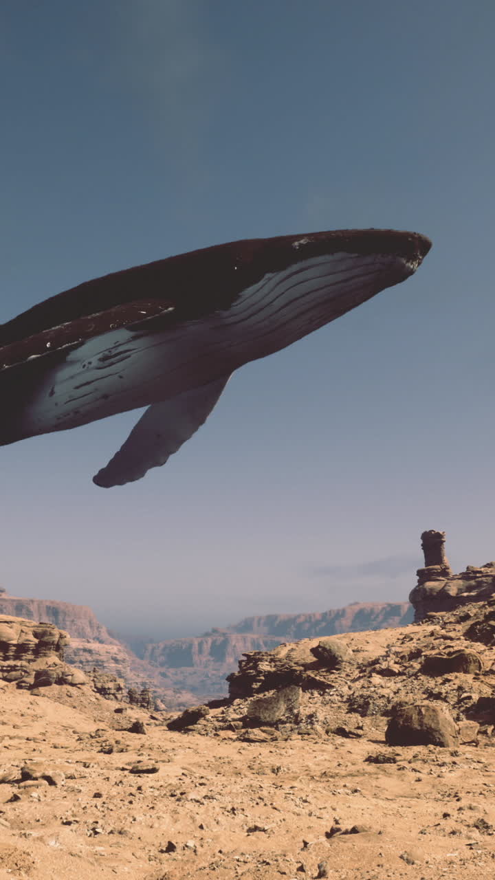 Una balena che vola elegantemente sopra un paesaggio desertico durante le ore diurne