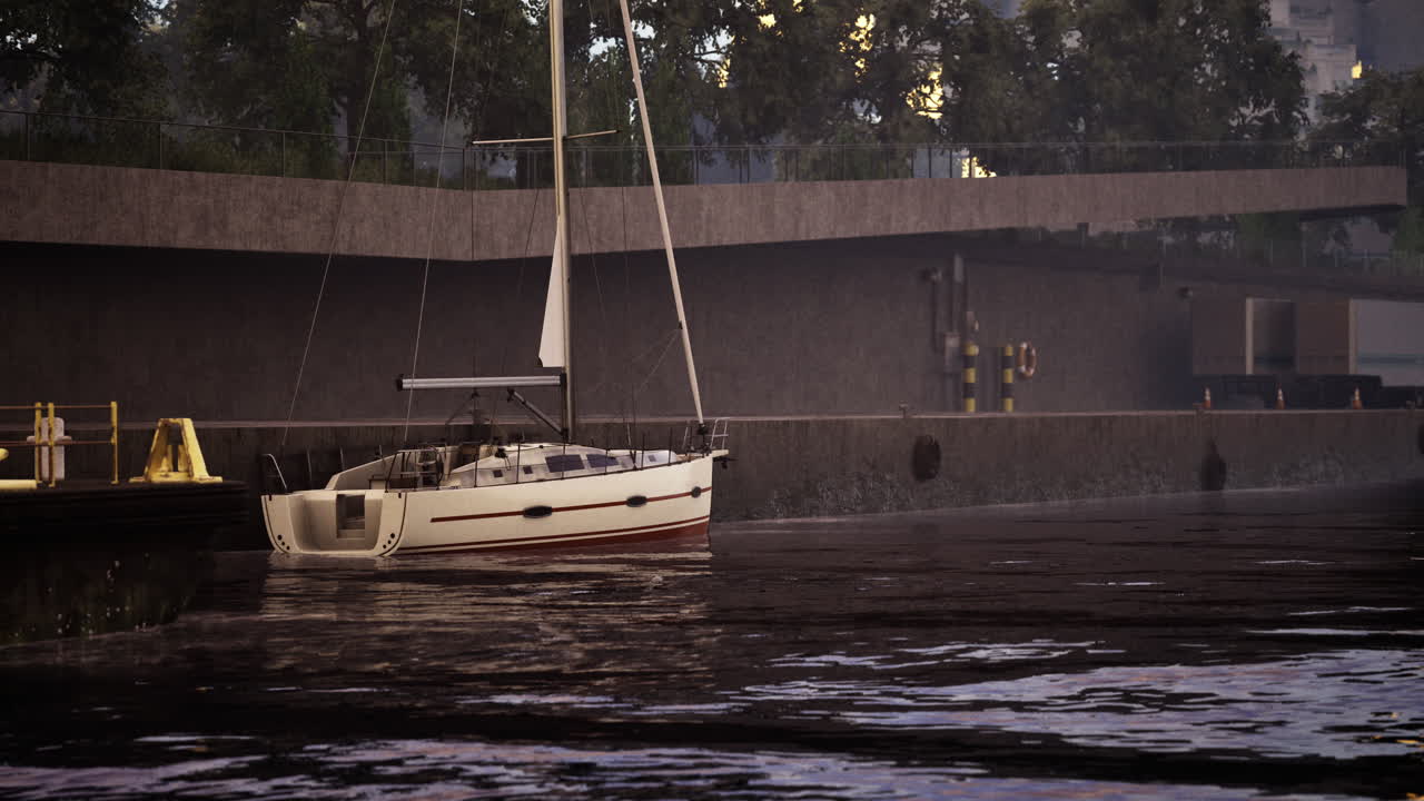 Sailboat gliding on calm water near modern urban dock in twilight